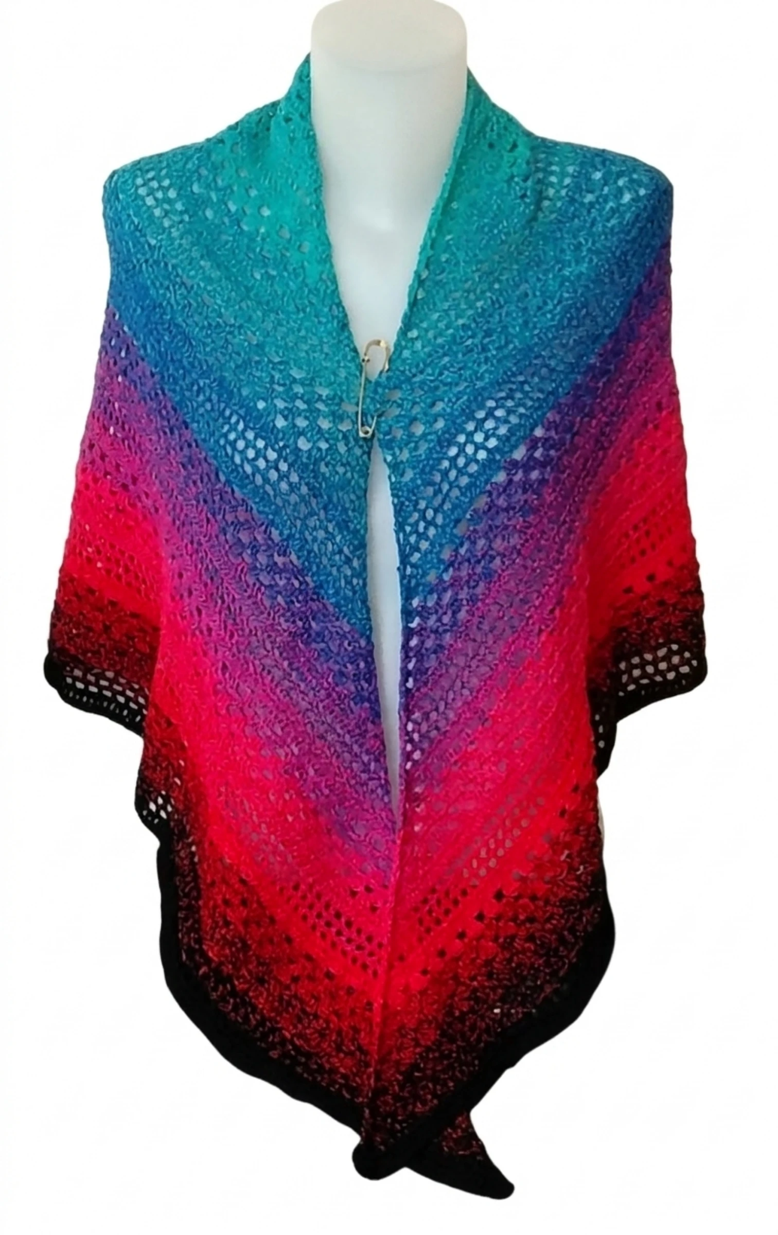 Large Handmade Crochet Shawl - Beautiful Turquoise, Purple, Red & Black Gradient – photo 9